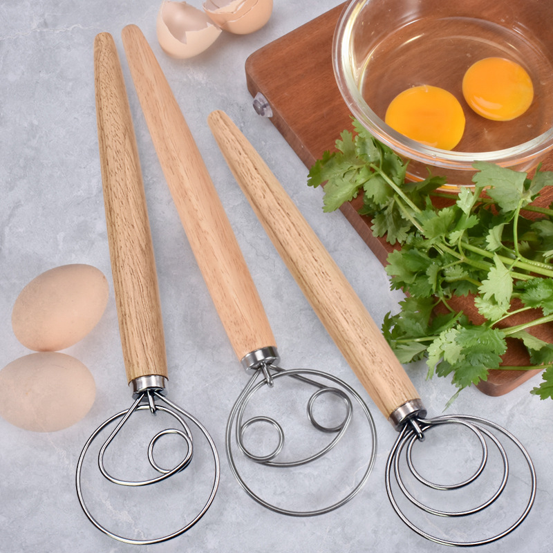 Danish Pancake Pan - ภาษาเดนมาร์กปัดแป้งสแตนเลสสตีลเครื่องปั่นผสมไข่ Beater Poking Bar Pastry พร้อมที่จับไม้เบเกอรี่เครื่องมือ